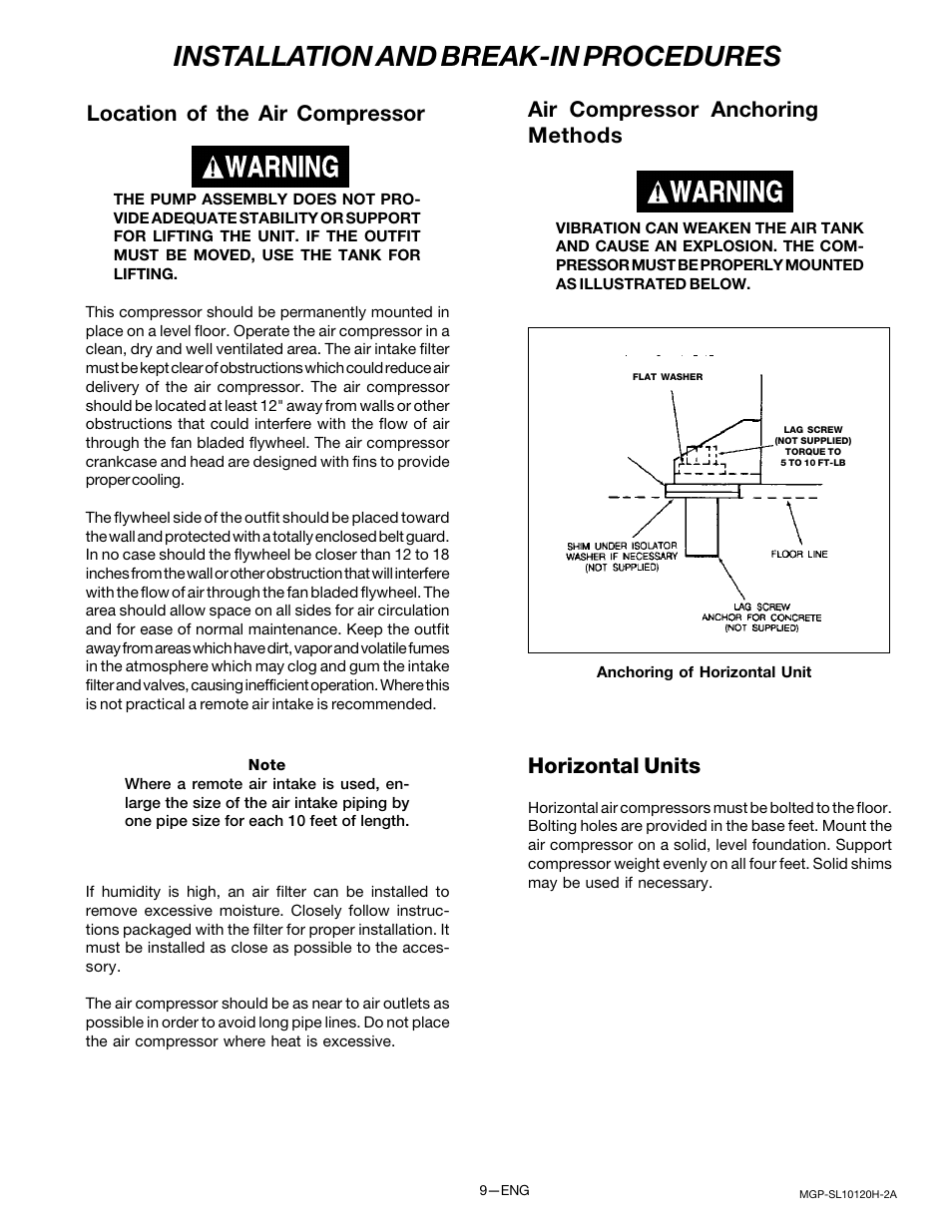 Installation and break-in procedures, Air compressor anchoring methods, Horizontal units | Location of the air compressor | DeVillbiss Air Power Company MGP-SL10120H-2A User Manual | Page 9 / 56