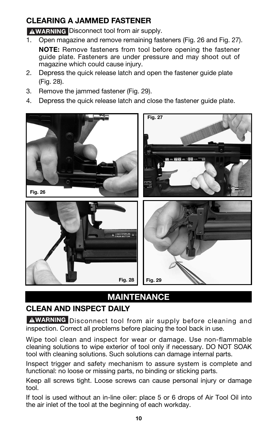 Maintenance, Clean and inspect daily, Clearing a jammed fastener | DeVillbiss Air Power Company Ex-Cell ENS150 User Manual | Page 10 / 12