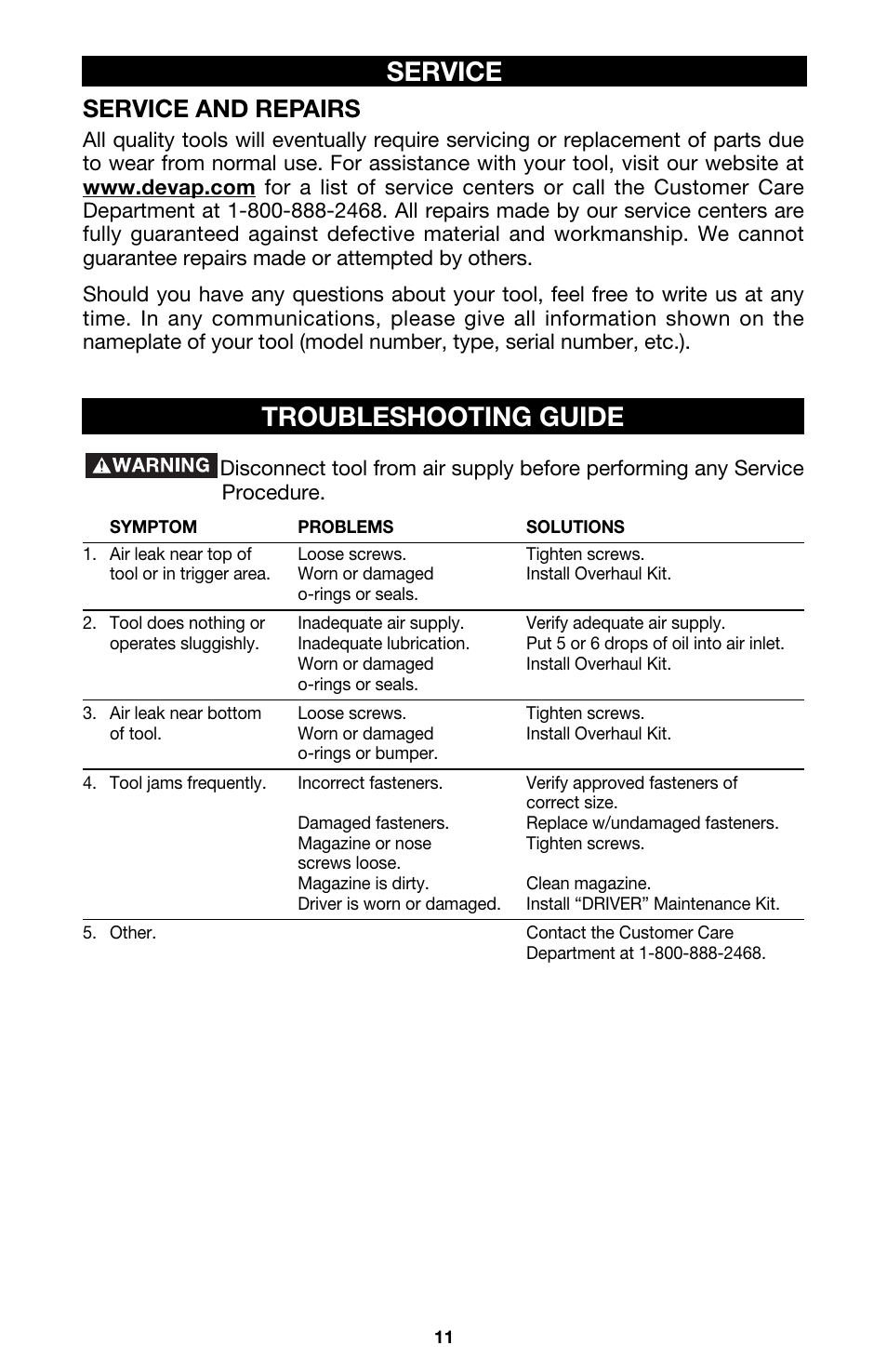 Service, Troubleshooting guide, Service and repairs | DeVillbiss Air Power Company Ex-Cell ENS150 User Manual | Page 11 / 12