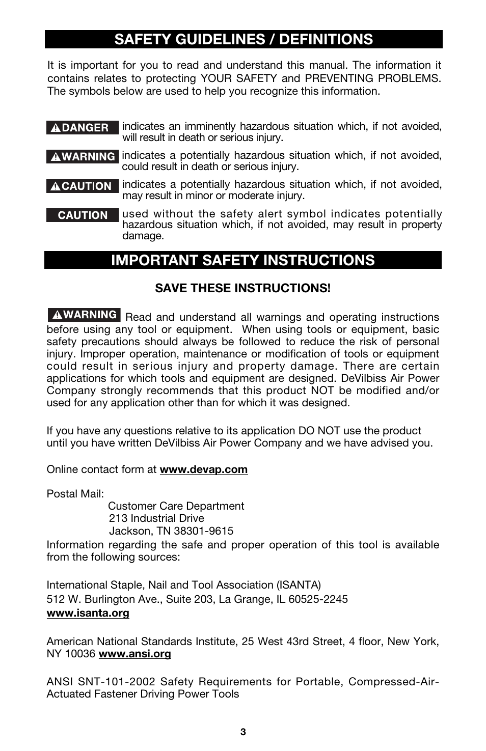 Safety guidelines / definitions, Important safety instructions | DeVillbiss Air Power Company Ex-Cell ENS150 User Manual | Page 3 / 12