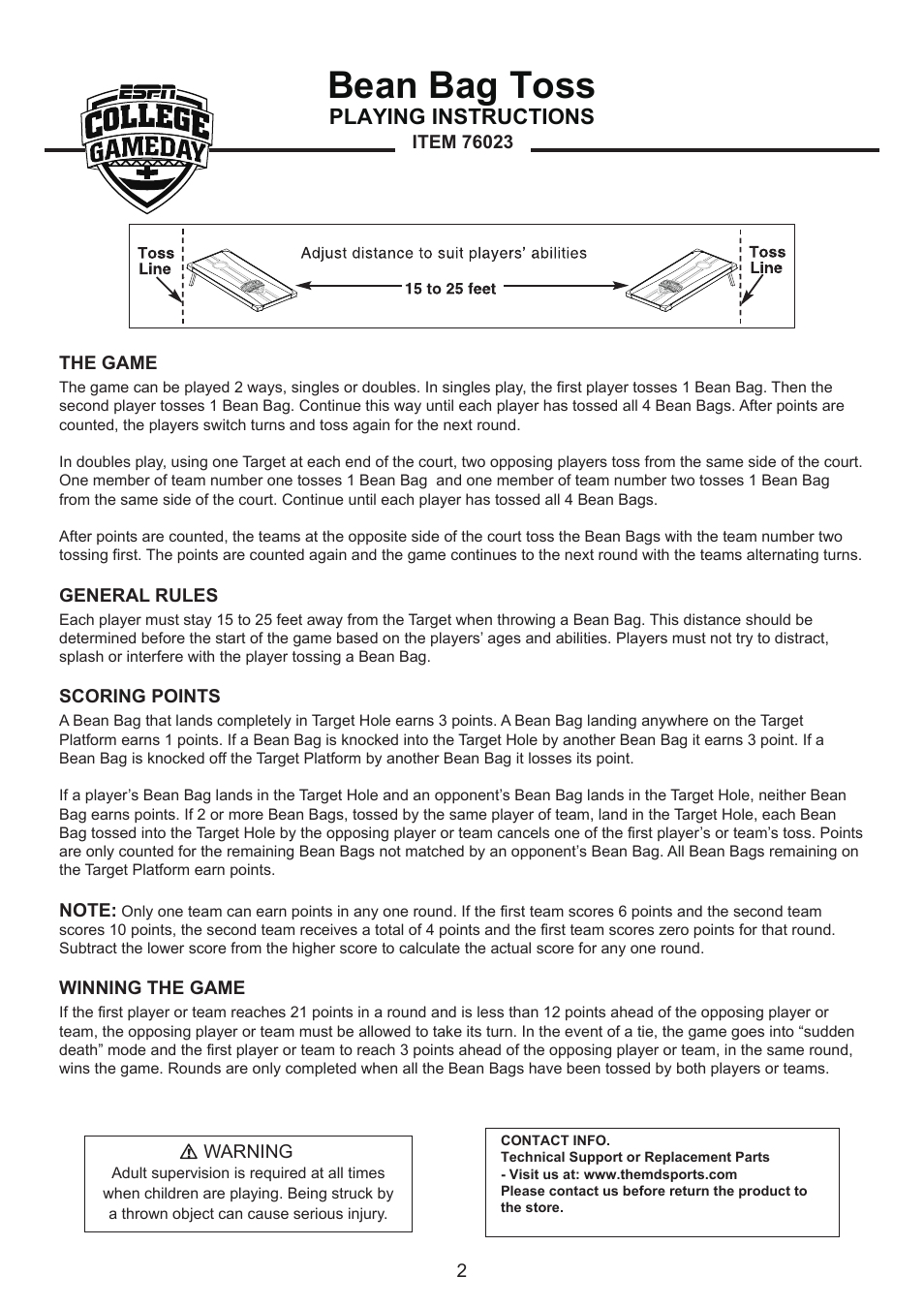 Bean bag toss, Playing instructions | Medal Sports 76023 User Manual | Page 2 / 2