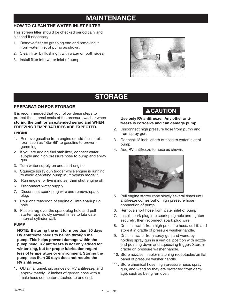 Maintenance, Storage | DeVillbiss Air Power Company 3540CWHP User Manual | Page 16 / 20