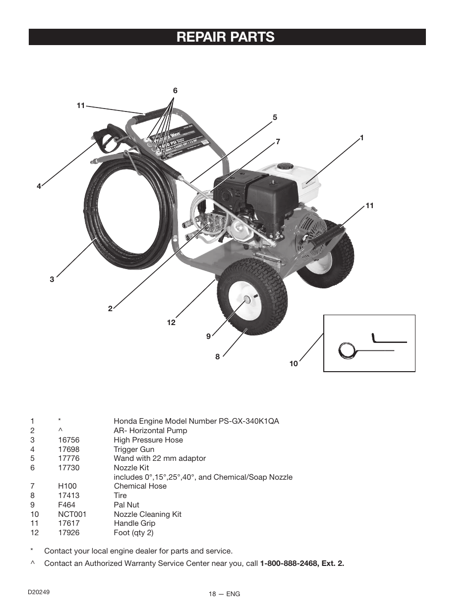Repair parts | DeVillbiss Air Power Company 3540CWHP User Manual | Page 18 / 20