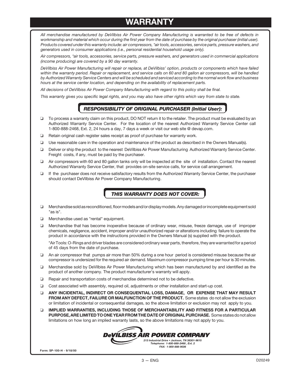 Warranty | DeVillbiss Air Power Company 3540CWHP User Manual | Page 3 / 20