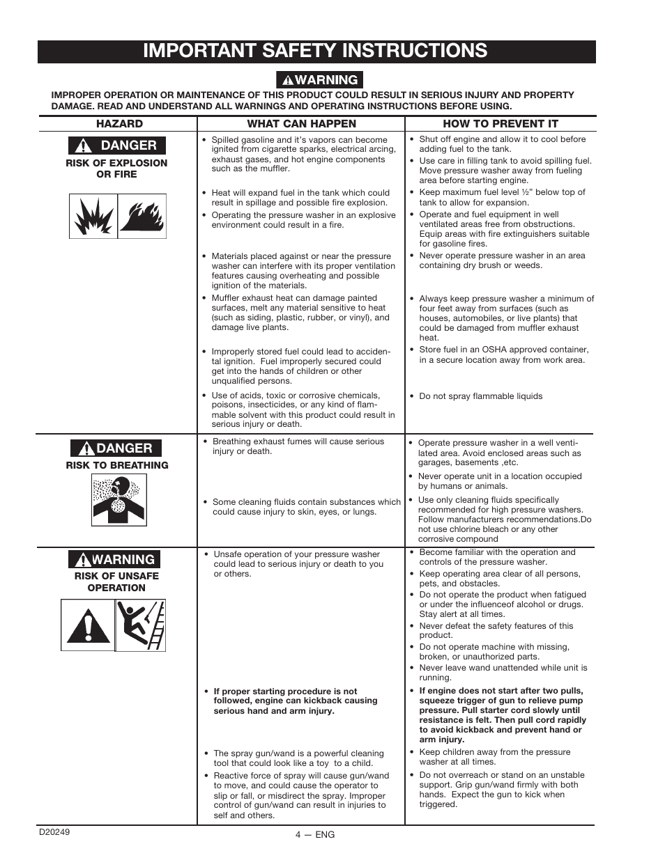 Important safety instructions, Danger, Warning | DeVillbiss Air Power Company 3540CWHP User Manual | Page 4 / 20