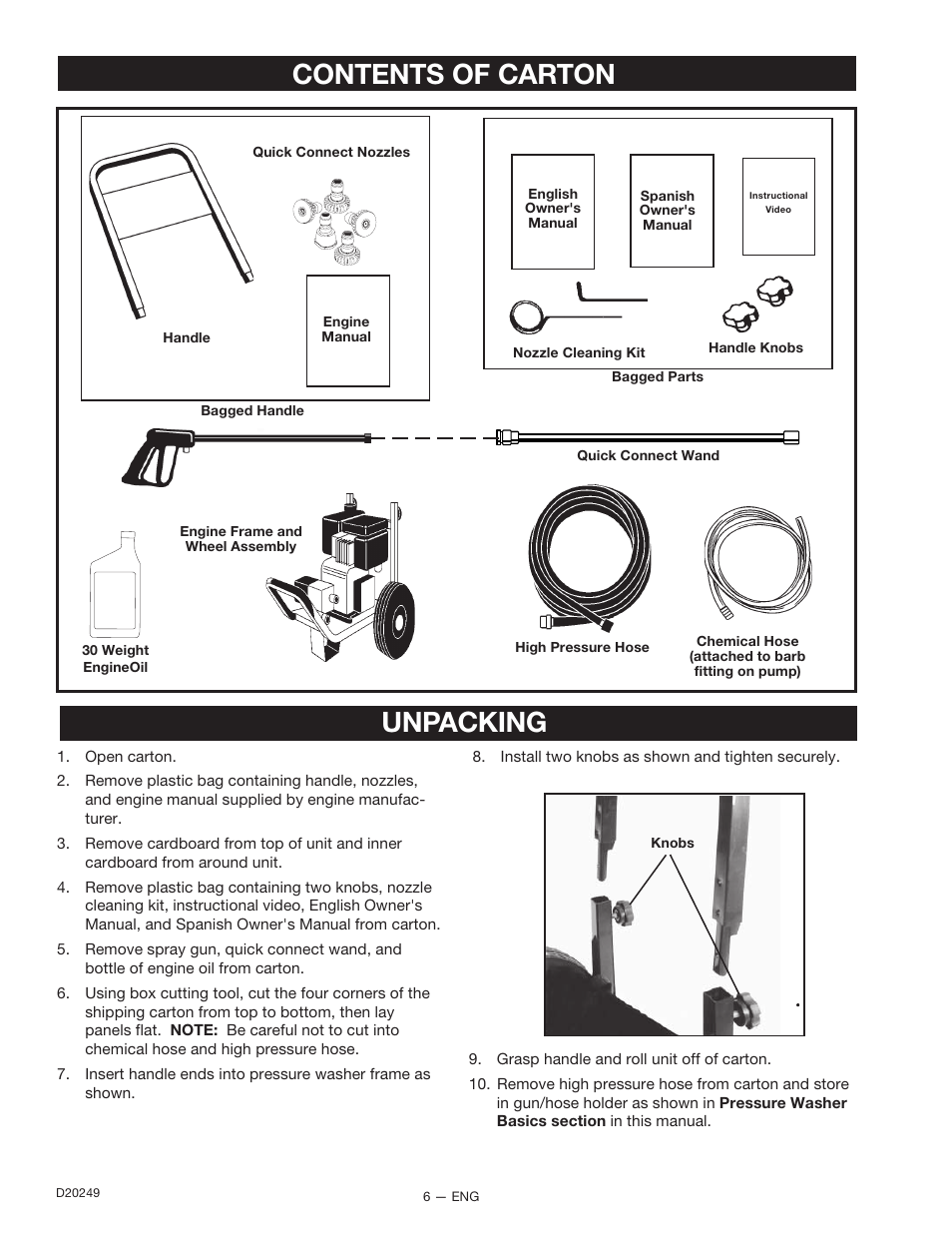 Contents of carton, Unpacking | DeVillbiss Air Power Company 3540CWHP User Manual | Page 6 / 20