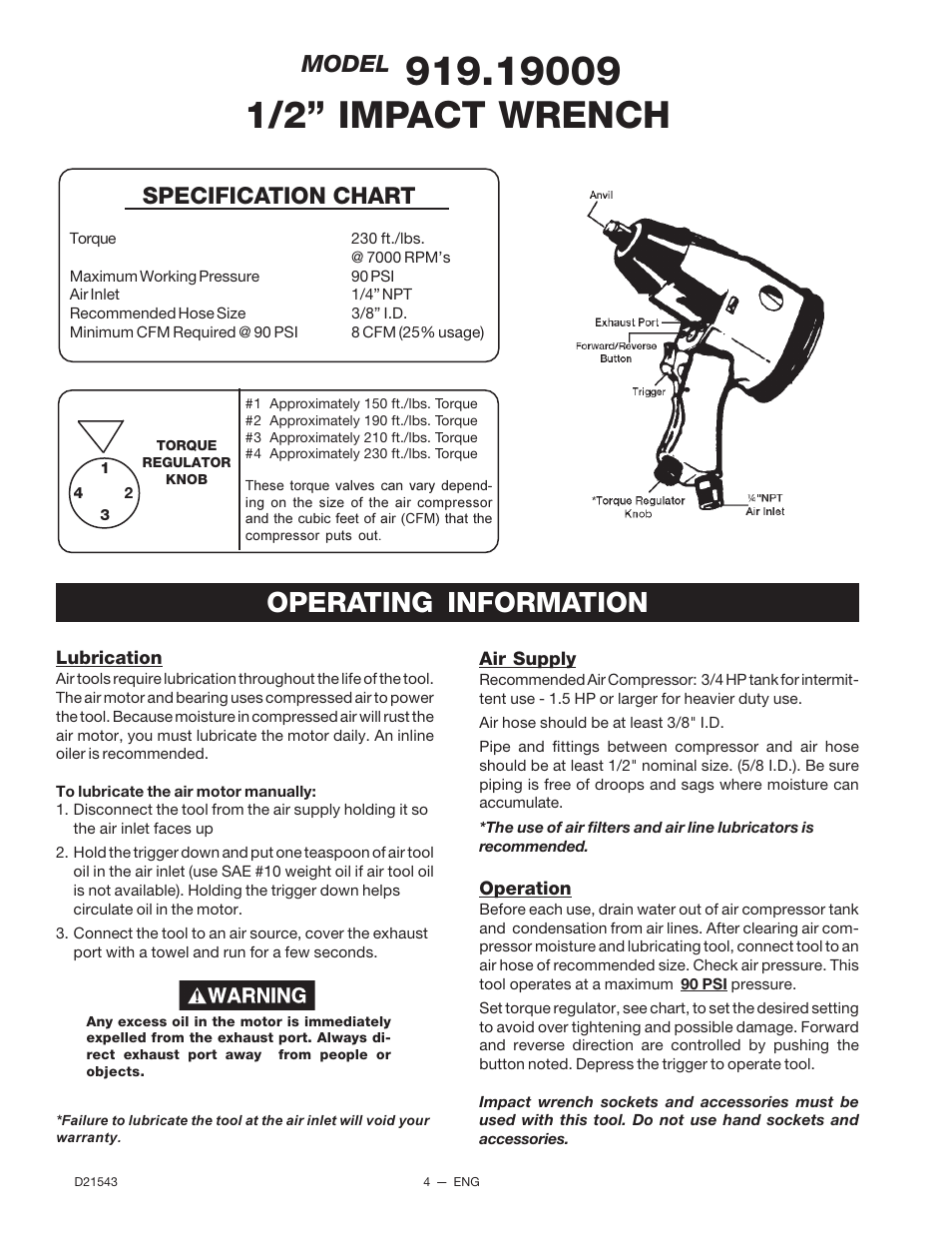 1/2” impact wrench, Operating information, Model | Specification chart | DeVillbiss Air Power Company Companion 919.19007 User Manual | Page 4 / 8