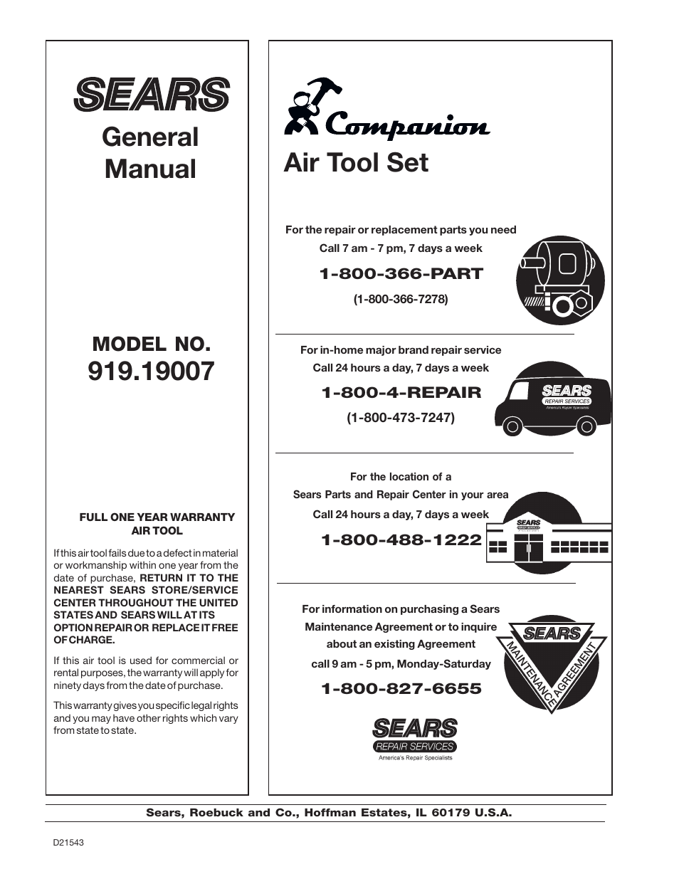 General manual air tool set, Model no | DeVillbiss Air Power Company Companion 919.19007 User Manual | Page 8 / 8