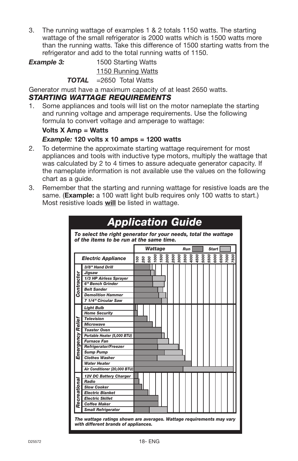 Application guide, Starting wattage requirements | DeVillbiss Air Power Company D25572 User Manual | Page 18 / 22