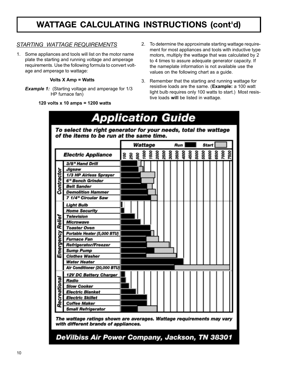 Wattage calculating instructions (cont'd) | DeVillbiss Air Power Company MGP-4600 User Manual | Page 10 / 16