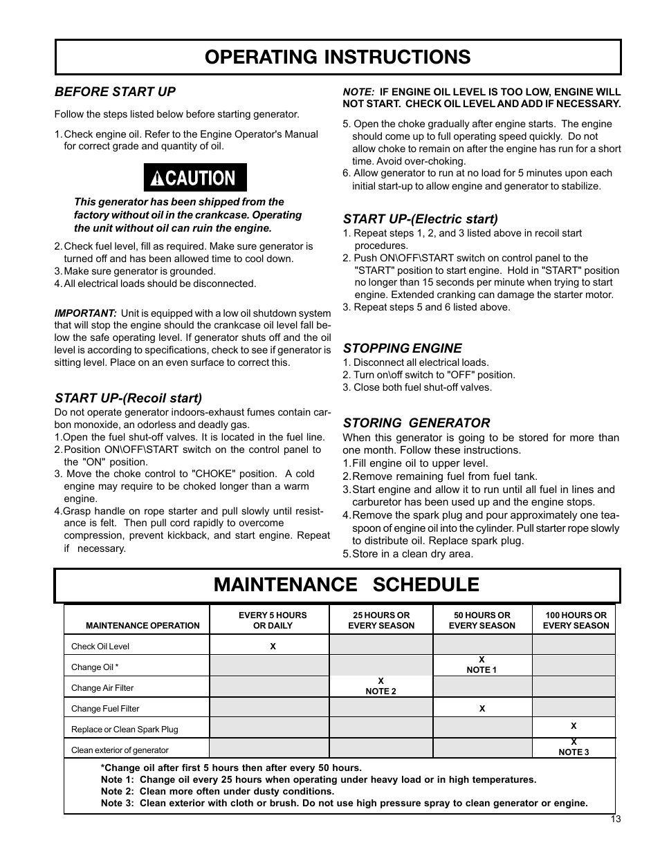 Operating instructions, Maintenance schedule, Before start up | Start up-(recoil start), Start up-(electric start), Stopping engine, Storing generator | DeVillbiss Air Power Company MGP-4600 User Manual | Page 13 / 16