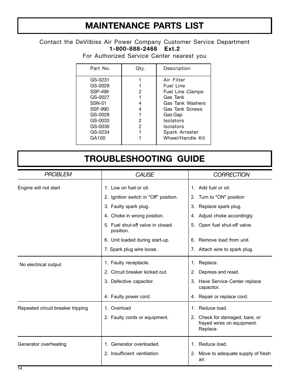 Maintenance parts list, Troubleshooting guide | DeVillbiss Air Power Company MGP-4600 User Manual | Page 14 / 16