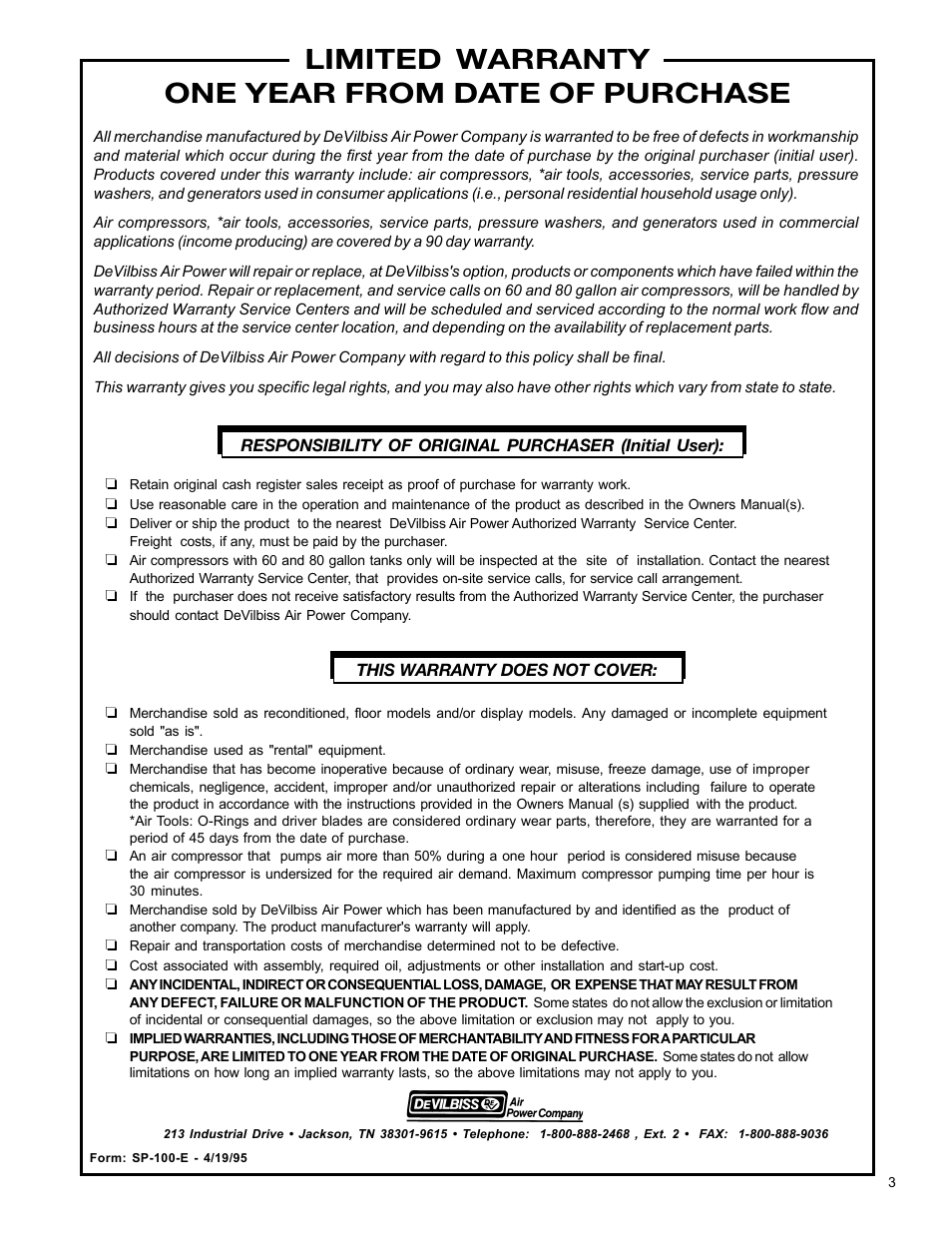 Limited warranty one year from date of purchase | DeVillbiss Air Power Company MGP-4600 User Manual | Page 3 / 16