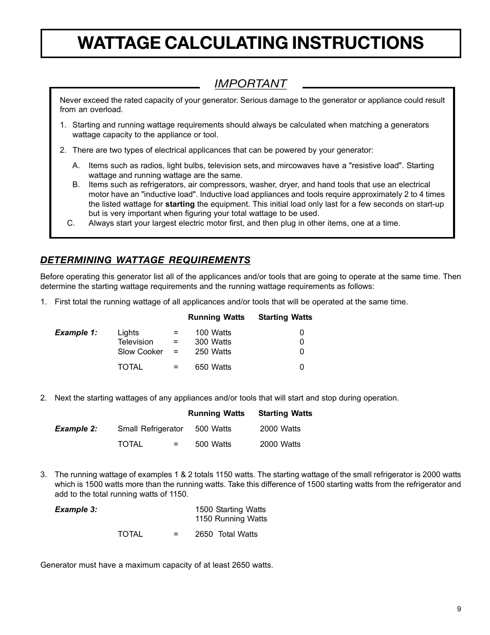 Wattage calculating instructions, Important | DeVillbiss Air Power Company MGP-4600 User Manual | Page 9 / 16