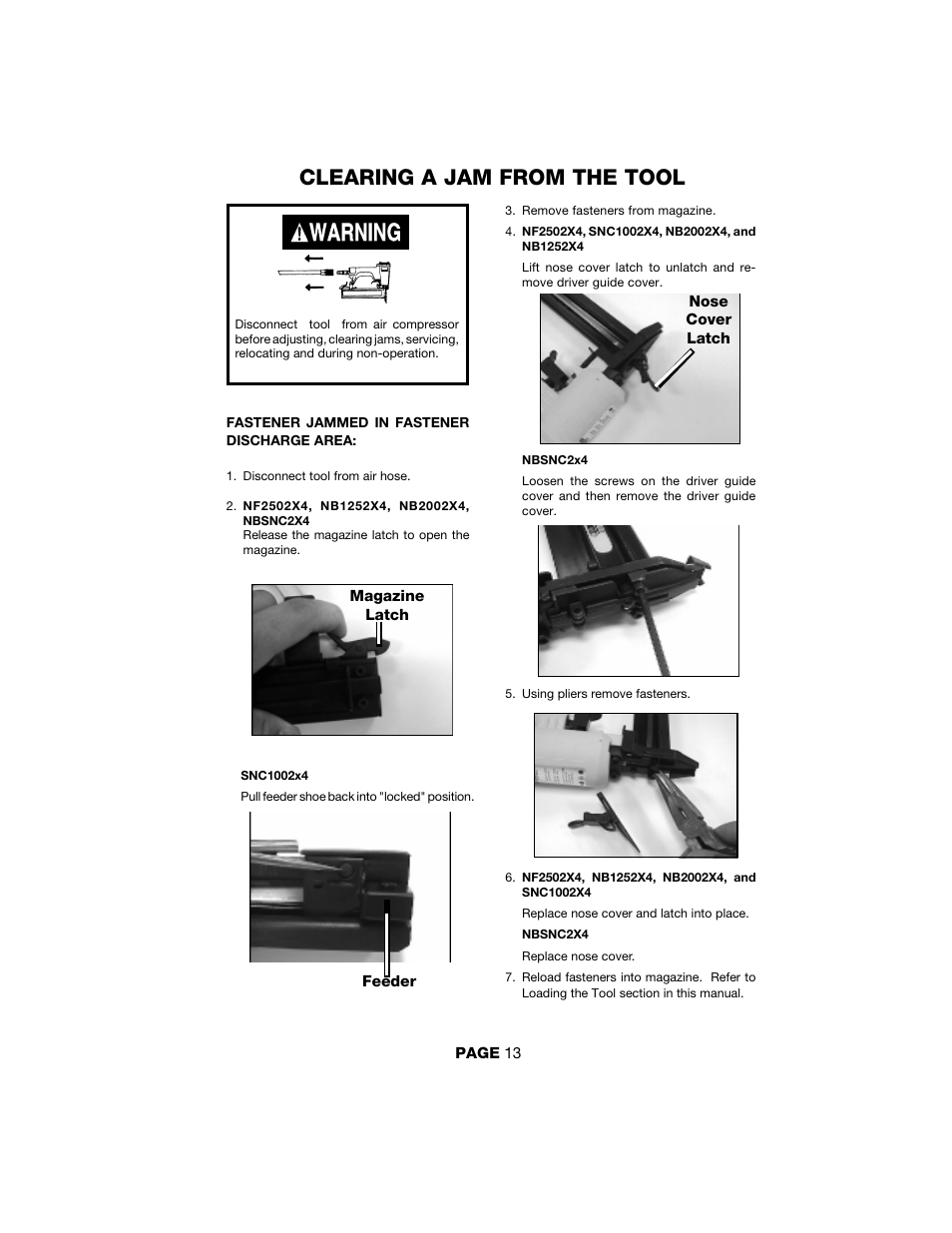 Clearing a jam from the tool | DeVillbiss Air Power Company 2by4 Contractor Series User Manual | Page 13 / 24