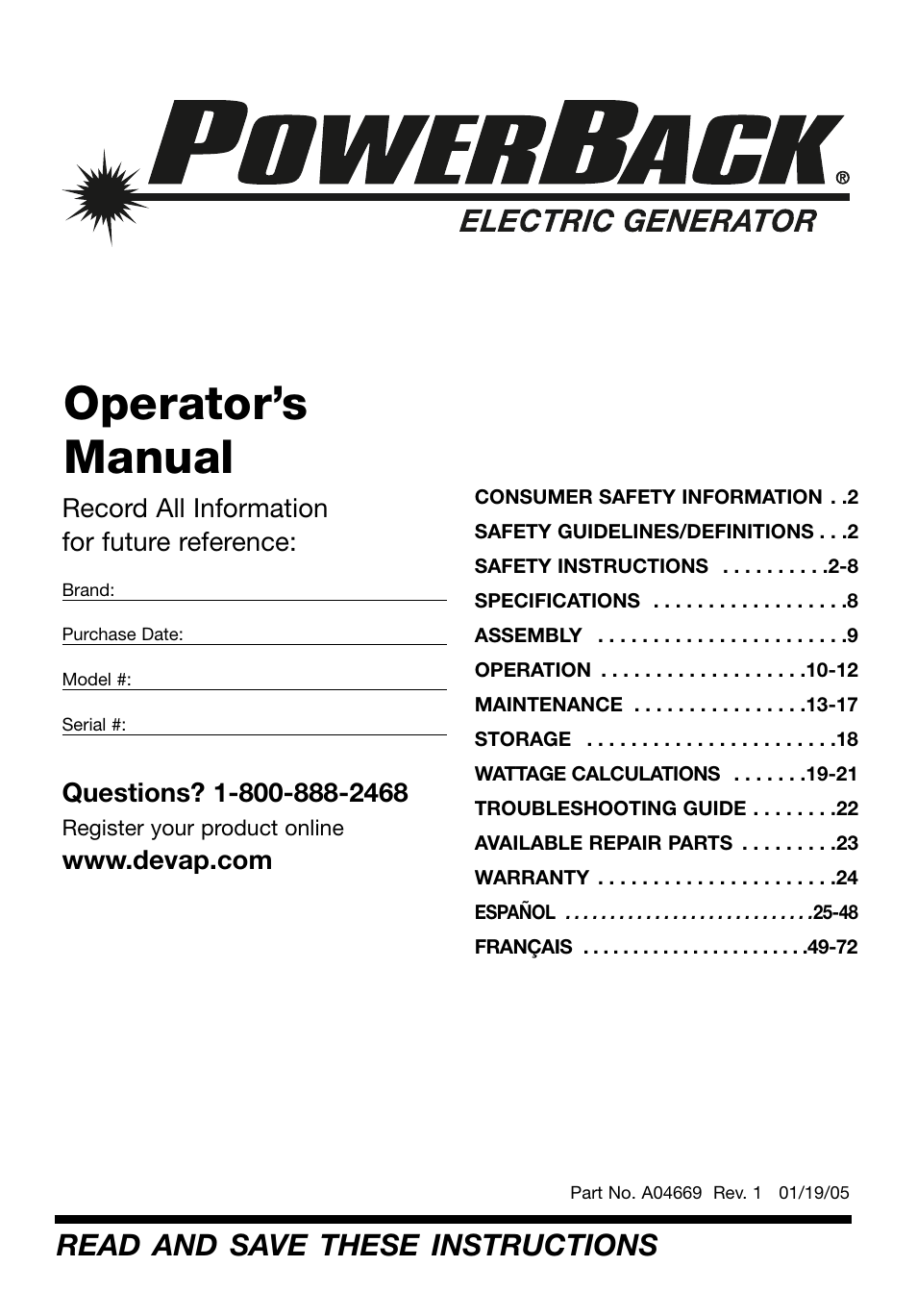 DeVillbiss Air Power Company PowerBack GM1000 User Manual | 72 pages