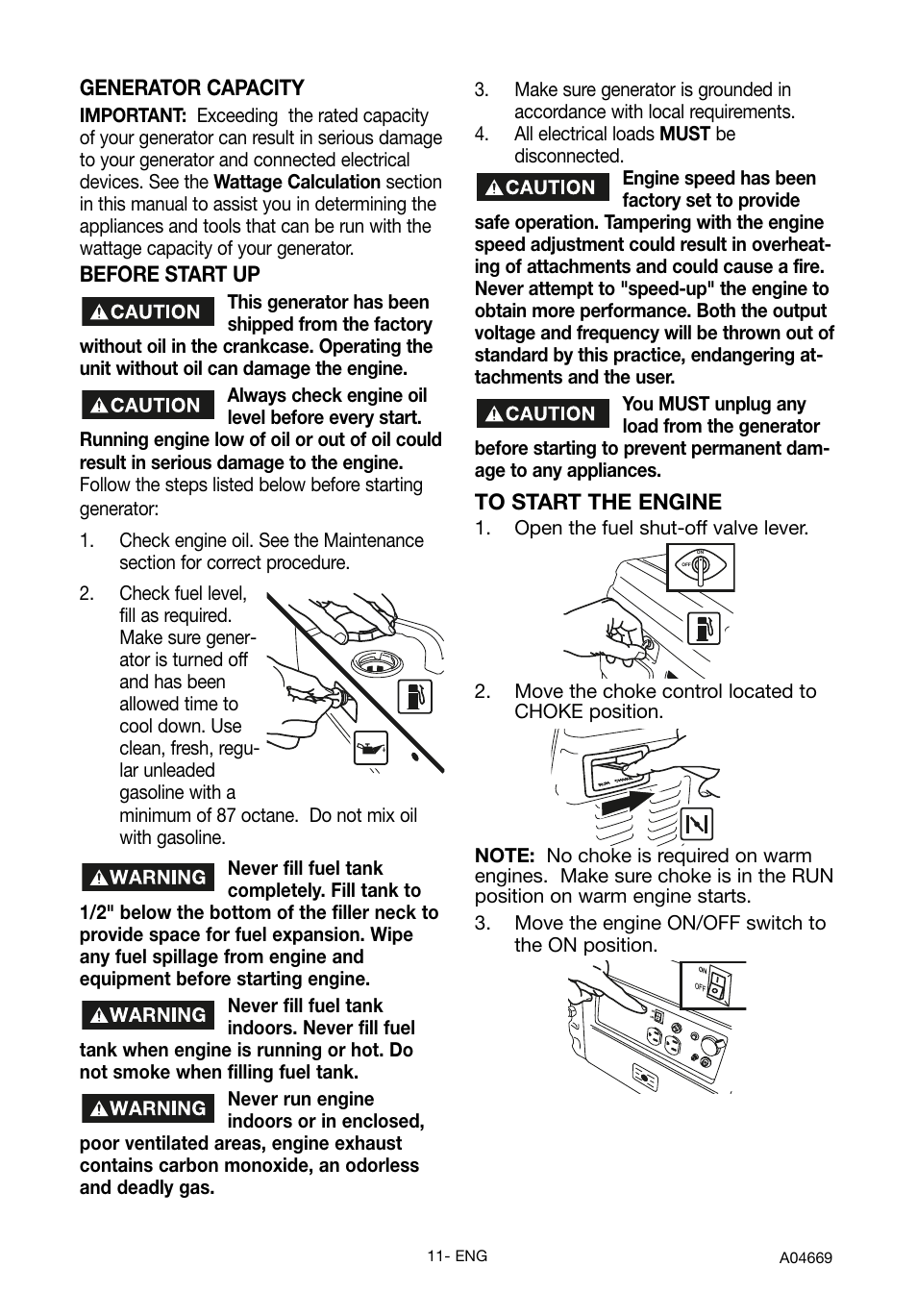 Generator capacity, Before start up | DeVillbiss Air Power Company PowerBack GM1000 User Manual | Page 11 / 72