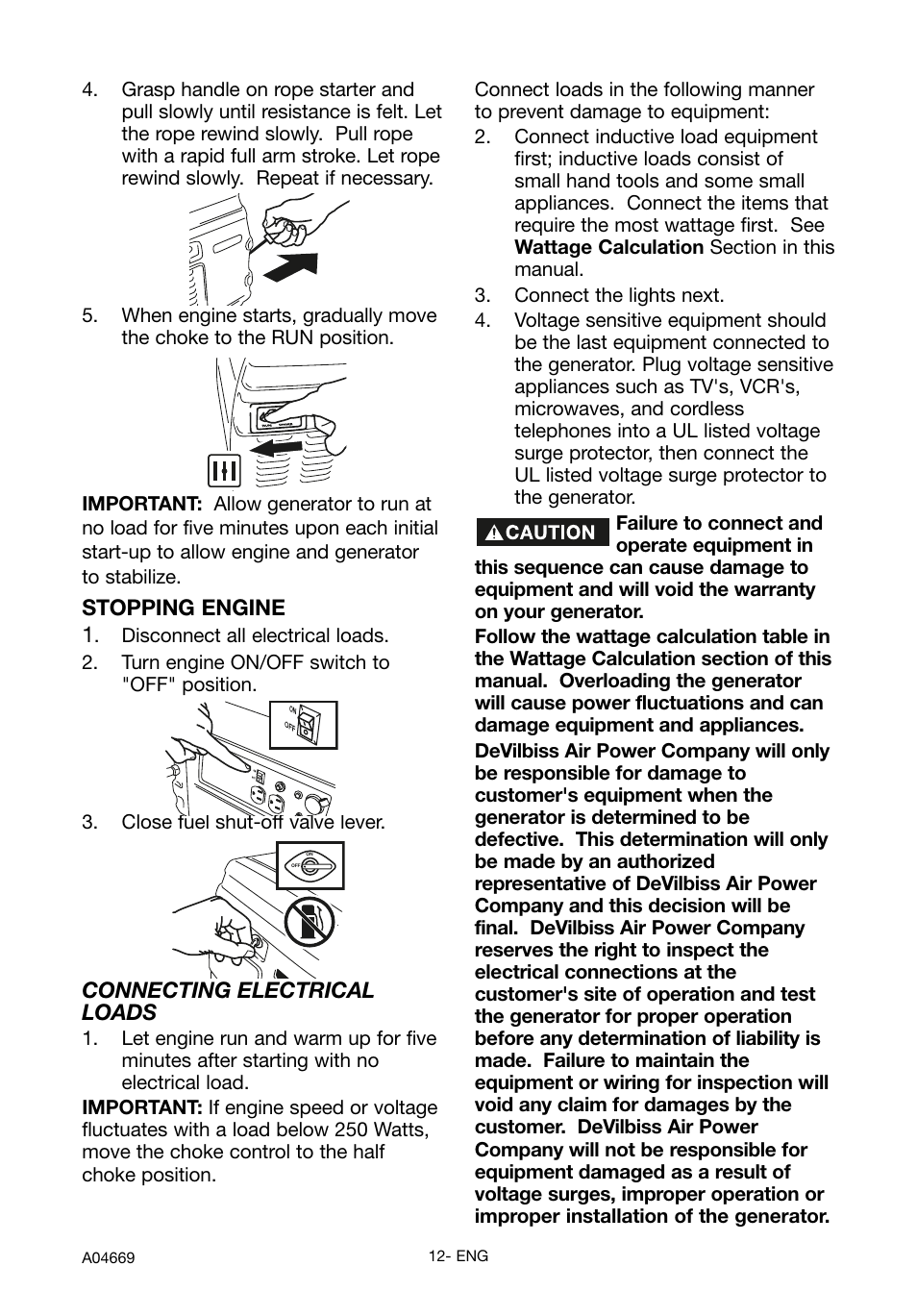 Connecting electrical loads, Stopping engine 1 | DeVillbiss Air Power Company PowerBack GM1000 User Manual | Page 12 / 72