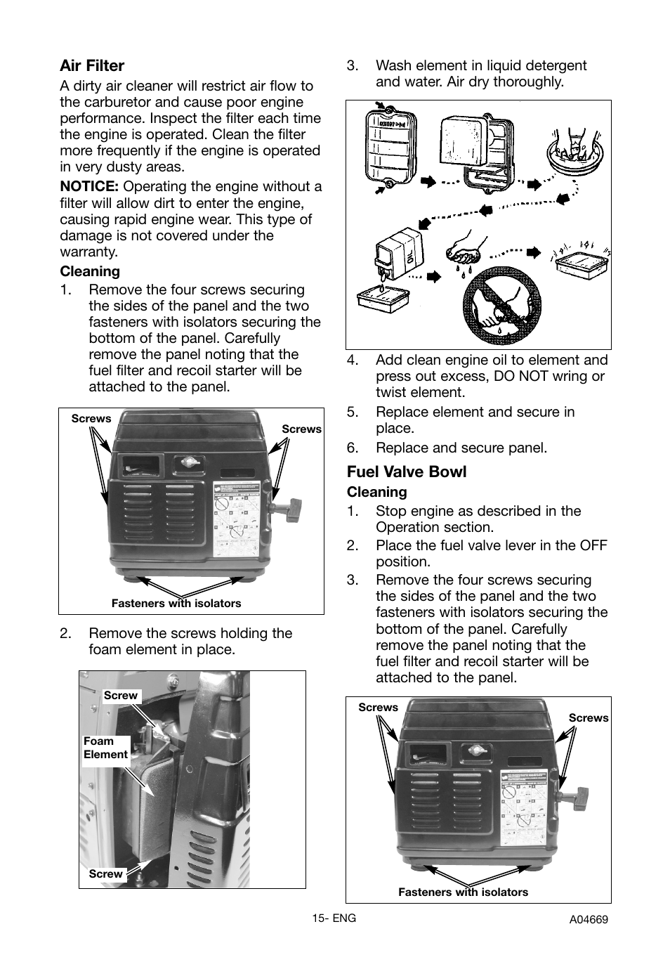 Air filter, Fuel valve bowl | DeVillbiss Air Power Company PowerBack GM1000 User Manual | Page 15 / 72