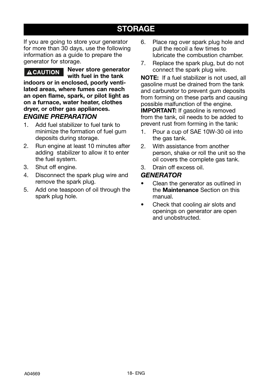 Storage | DeVillbiss Air Power Company PowerBack GM1000 User Manual | Page 18 / 72