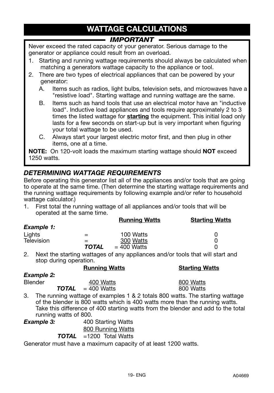 Wattage calculations | DeVillbiss Air Power Company PowerBack GM1000 User Manual | Page 19 / 72