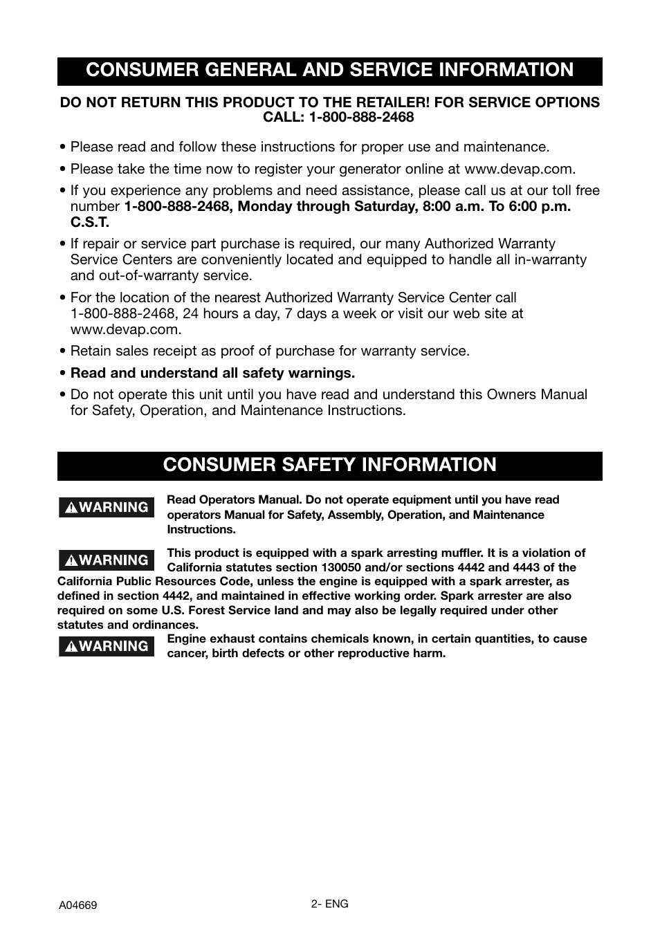 Consumer general and service information, Consumer safety information | DeVillbiss Air Power Company PowerBack GM1000 User Manual | Page 2 / 72