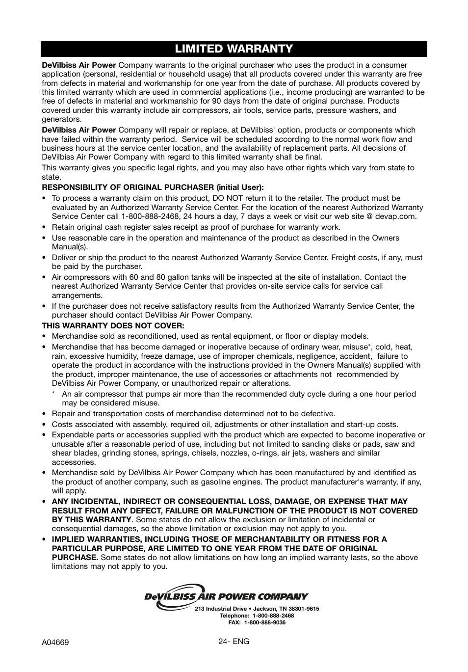 Limited warranty | DeVillbiss Air Power Company PowerBack GM1000 User Manual | Page 24 / 72
