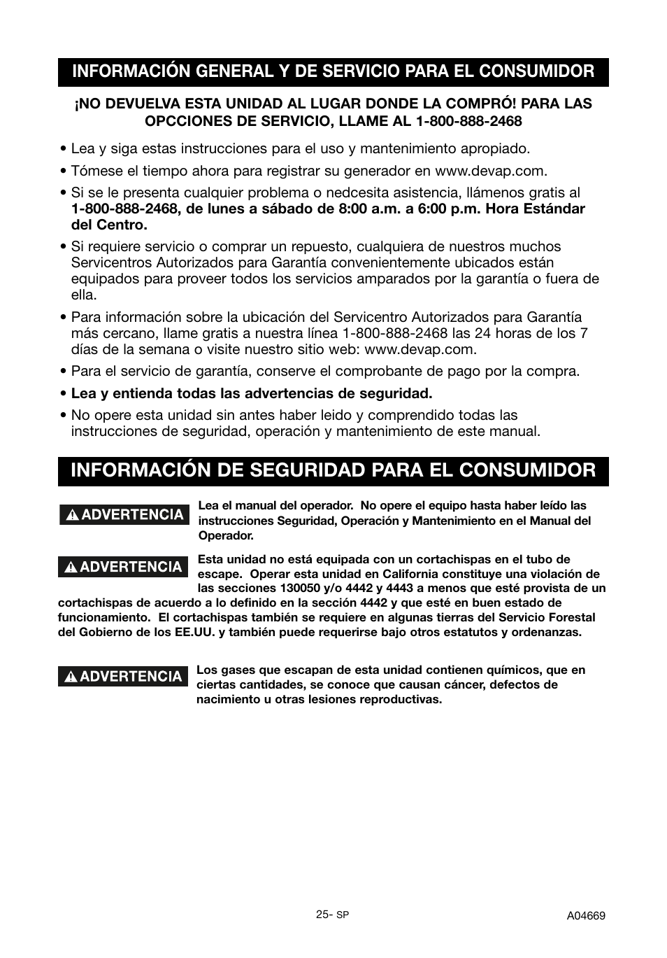 Información de seguridad para el consumidor | DeVillbiss Air Power Company PowerBack GM1000 User Manual | Page 25 / 72