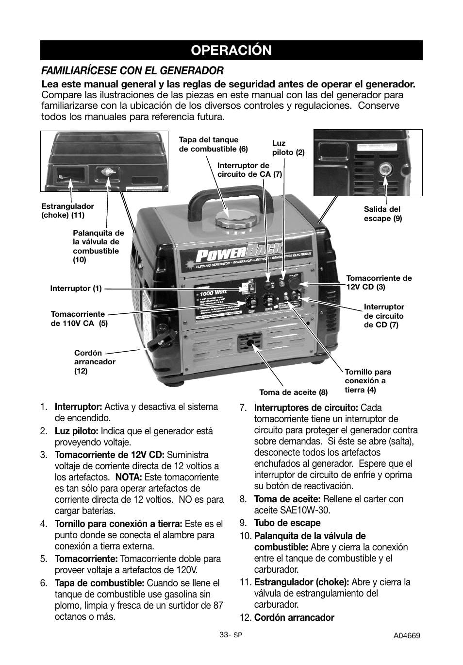 Operación, Familiarícese con el generador | DeVillbiss Air Power Company PowerBack GM1000 User Manual | Page 33 / 72