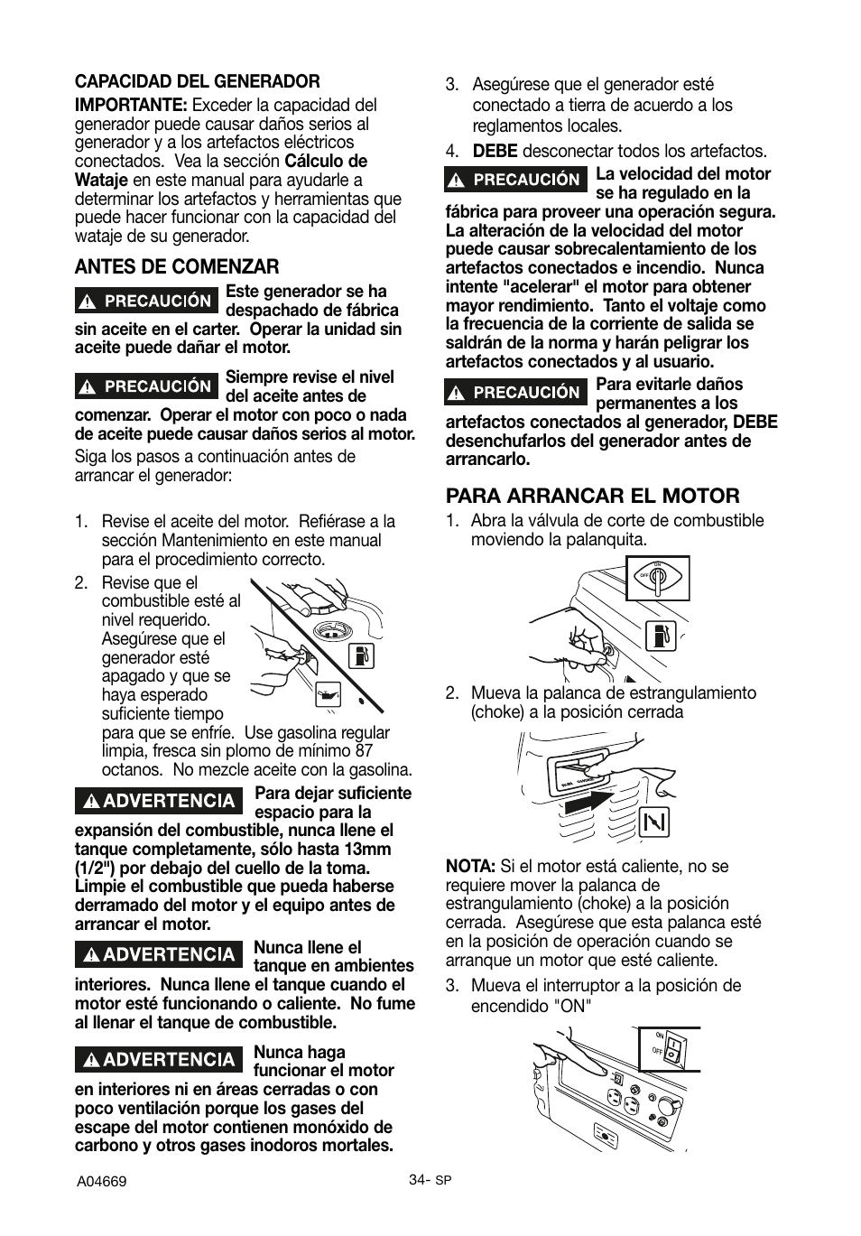 Para arrancar el motor, Antes de comenzar | DeVillbiss Air Power Company PowerBack GM1000 User Manual | Page 34 / 72