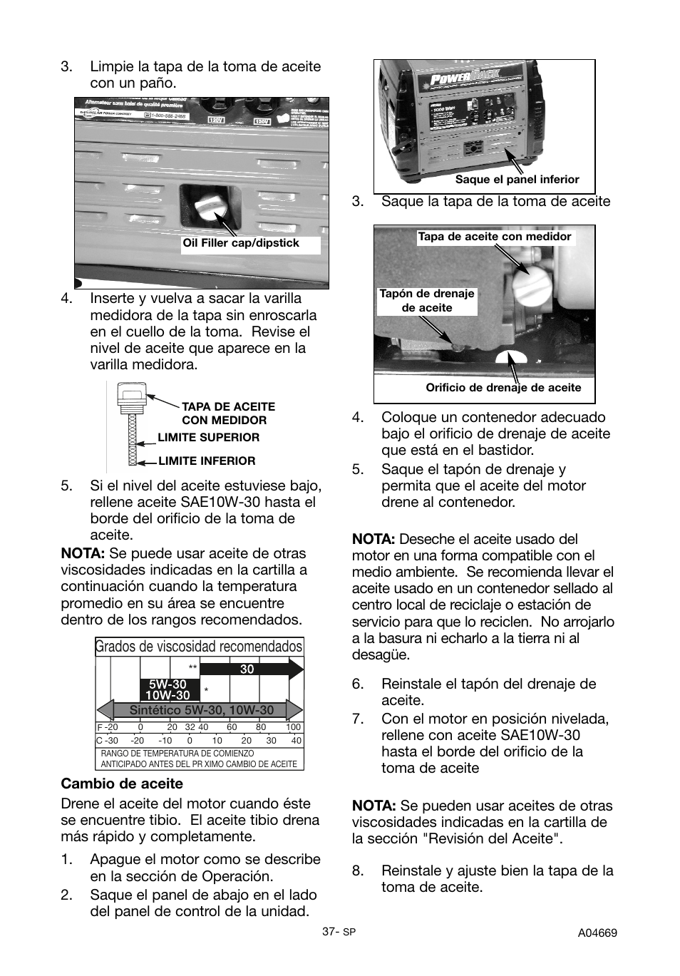Grados de viscosidad recomendados | DeVillbiss Air Power Company PowerBack GM1000 User Manual | Page 37 / 72
