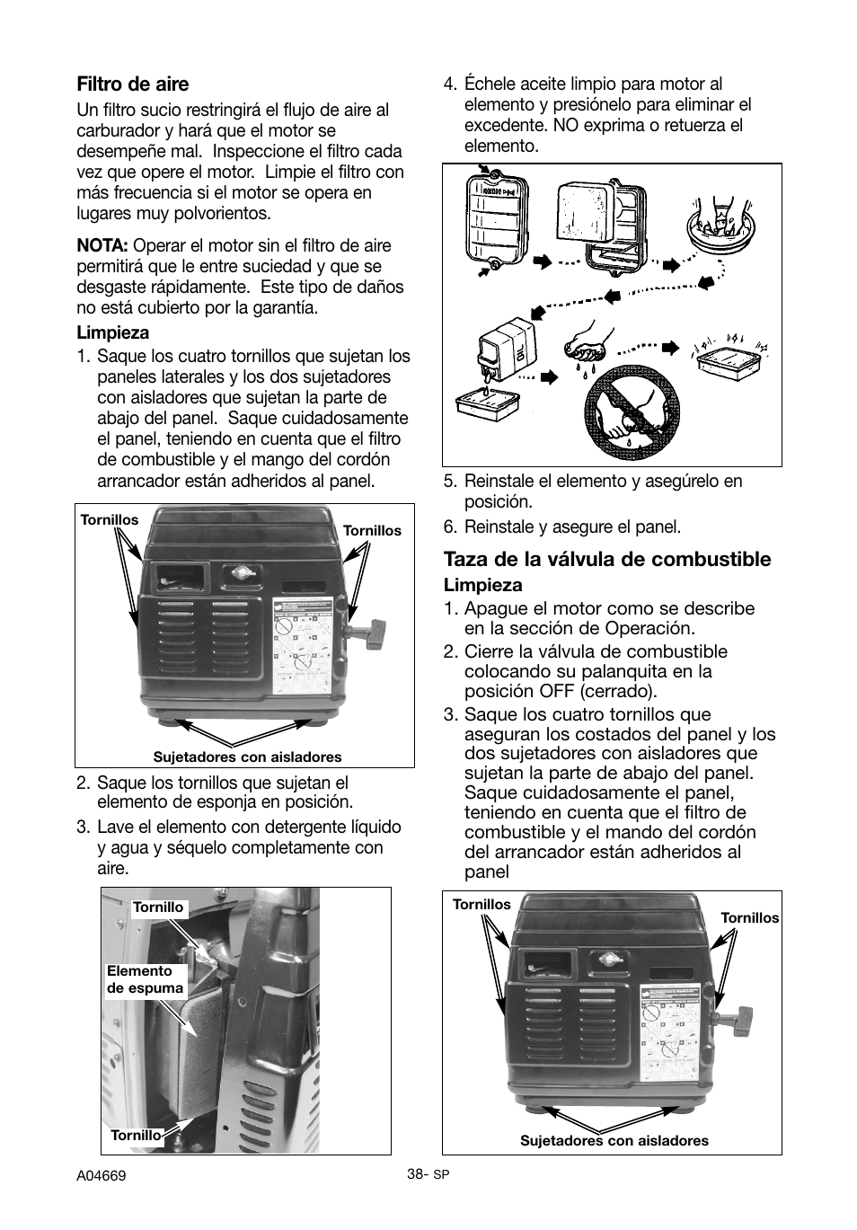 Filtro de aire, Taza de la válvula de combustible | DeVillbiss Air Power Company PowerBack GM1000 User Manual | Page 38 / 72