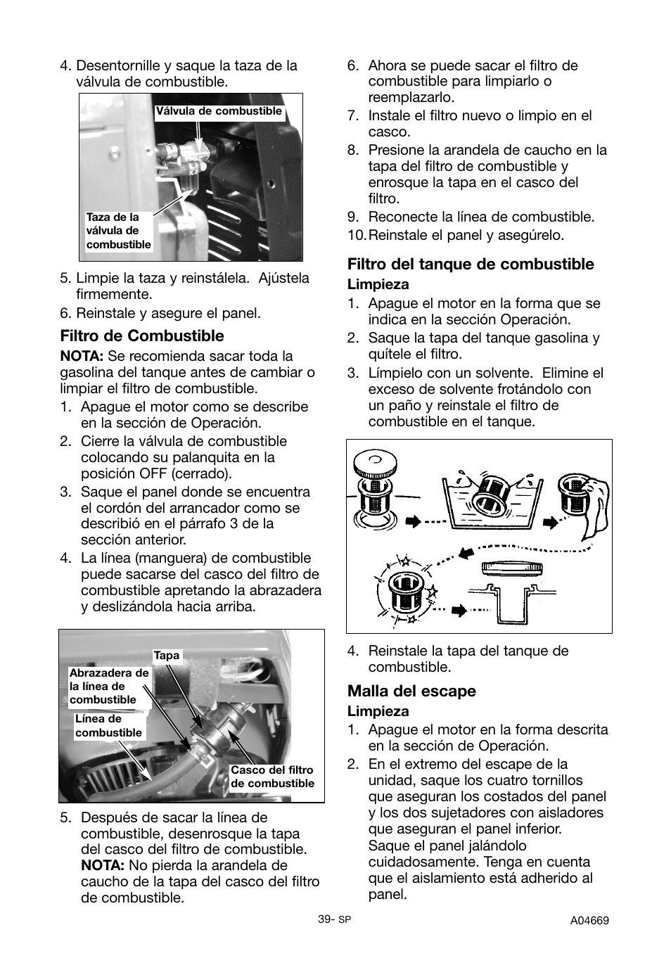Malla del escape, Filtro del tanque de combustible, Filtro de combustible | DeVillbiss Air Power Company PowerBack GM1000 User Manual | Page 39 / 72