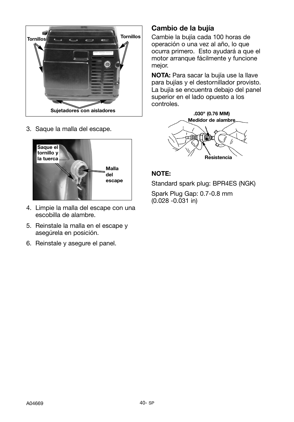 Cambio de la bujía | DeVillbiss Air Power Company PowerBack GM1000 User Manual | Page 40 / 72