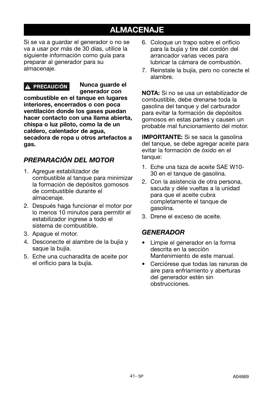 Almacenaje | DeVillbiss Air Power Company PowerBack GM1000 User Manual | Page 41 / 72
