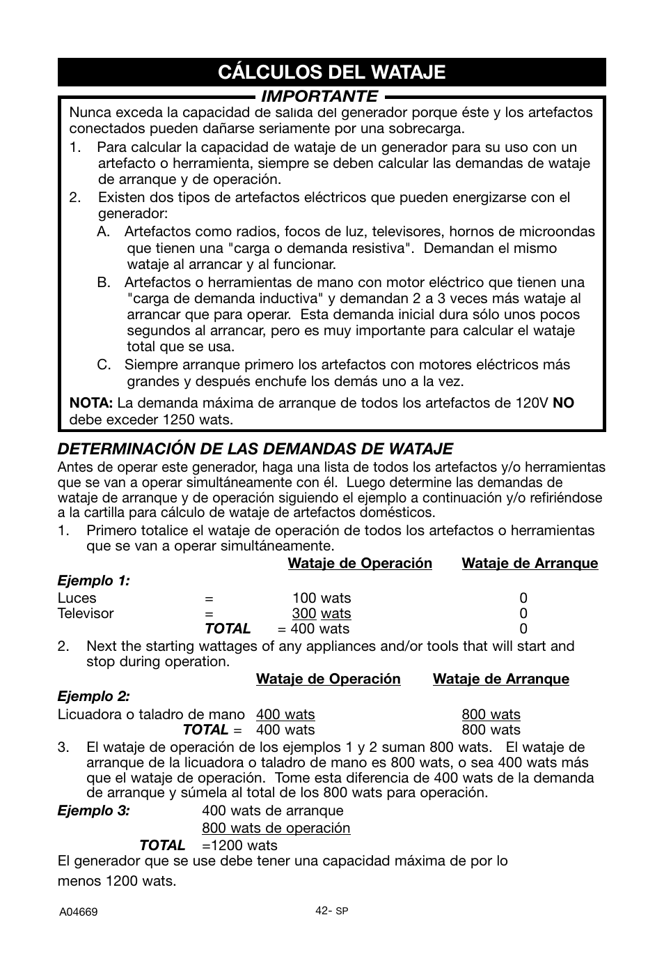Cálculos del wataje | DeVillbiss Air Power Company PowerBack GM1000 User Manual | Page 42 / 72