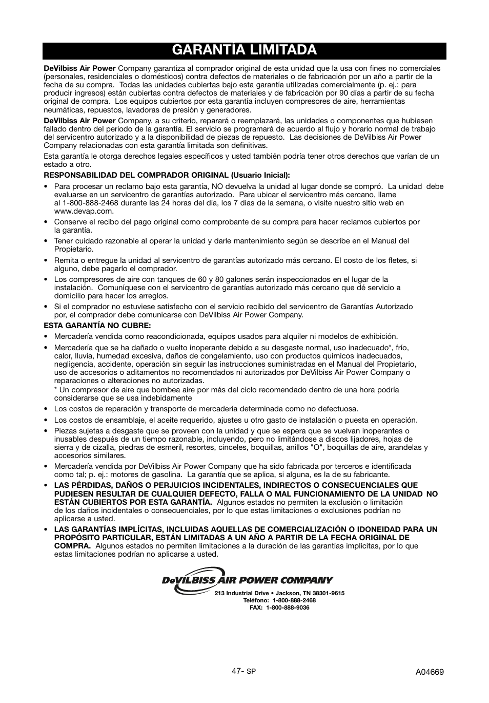 Garantía limitada | DeVillbiss Air Power Company PowerBack GM1000 User Manual | Page 47 / 72