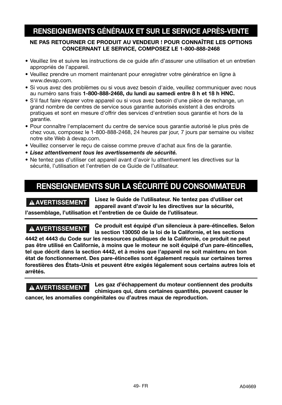 Renseignements sur la sécurité du consommateur | DeVillbiss Air Power Company PowerBack GM1000 User Manual | Page 49 / 72
