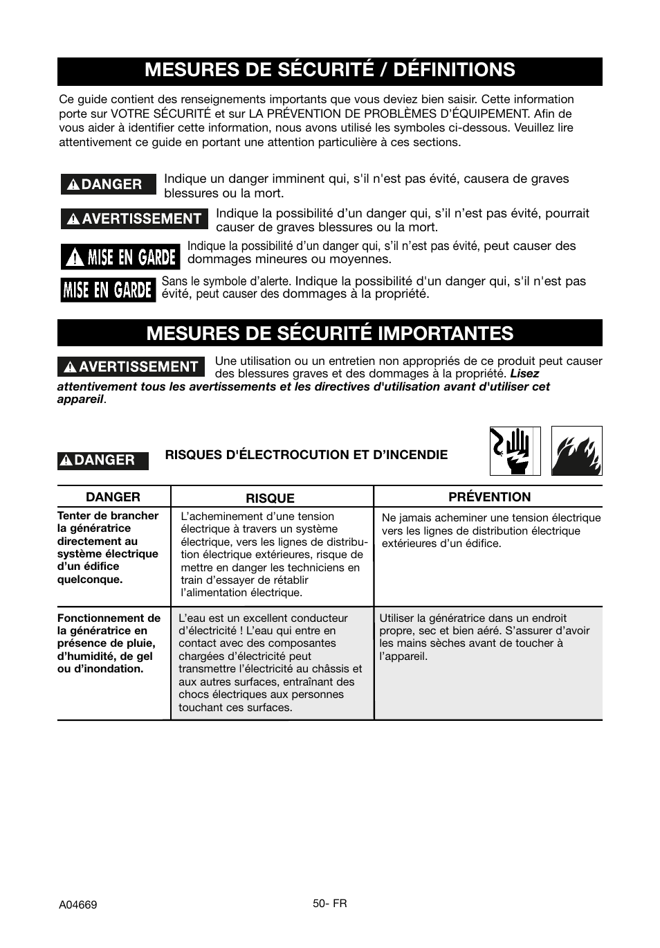Mesures de sécurité / définitions, Mesures de sécurité importantes | DeVillbiss Air Power Company PowerBack GM1000 User Manual | Page 50 / 72