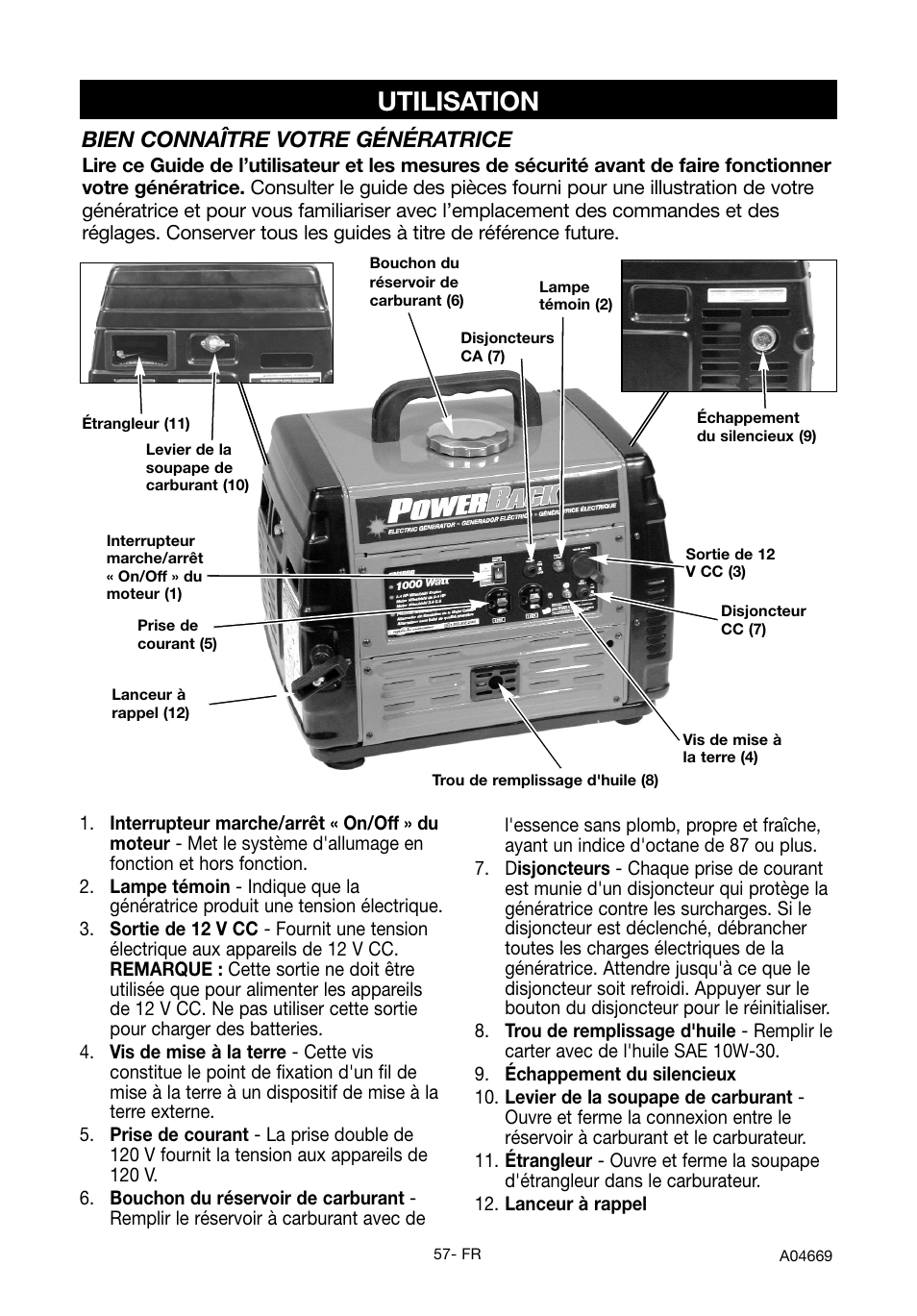 Utilisation, Bien connaître votre génératrice | DeVillbiss Air Power Company PowerBack GM1000 User Manual | Page 57 / 72