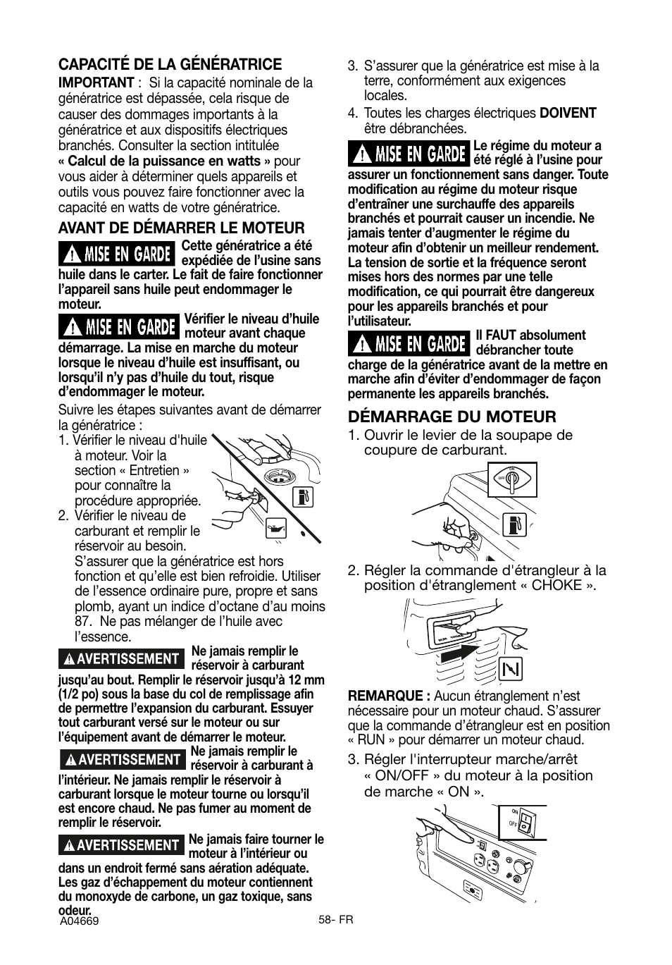 Démarrage du moteur, Capacité de la génératrice, Avant de démarrer le moteur | DeVillbiss Air Power Company PowerBack GM1000 User Manual | Page 58 / 72