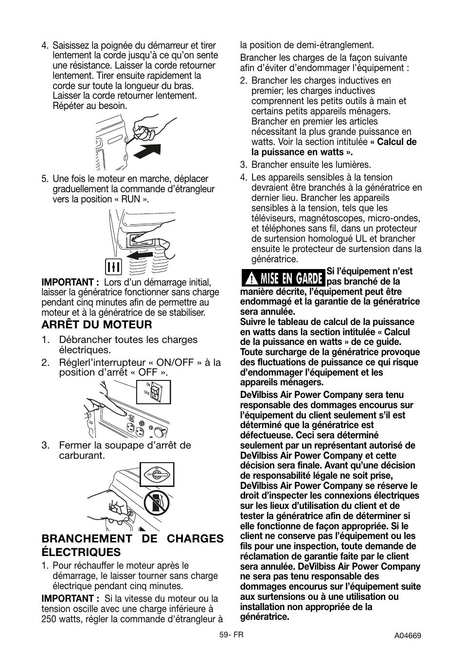 Branchement de charges électriques, Arrêt du moteur | DeVillbiss Air Power Company PowerBack GM1000 User Manual | Page 59 / 72