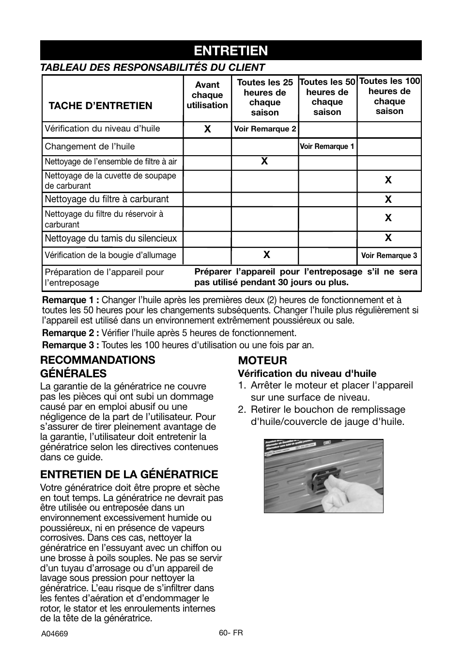 Entretien, Recommandations générales, Entretien de la génératrice | Moteur | DeVillbiss Air Power Company PowerBack GM1000 User Manual | Page 60 / 72
