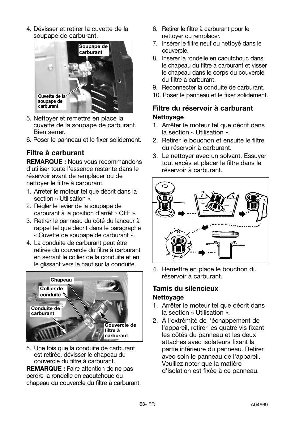 Tamis du silencieux, Filtre du réservoir à carburant, Filtre à carburant | DeVillbiss Air Power Company PowerBack GM1000 User Manual | Page 63 / 72