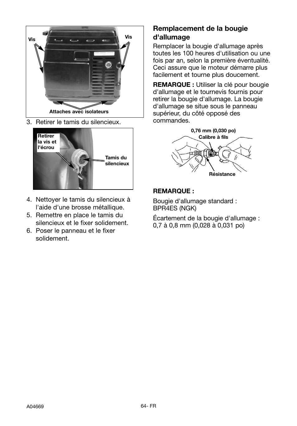 Remplacement de la bougie d'allumage | DeVillbiss Air Power Company PowerBack GM1000 User Manual | Page 64 / 72