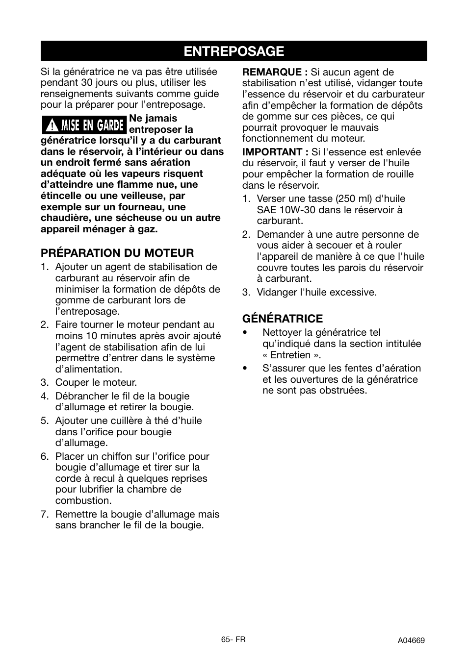 Entreposage | DeVillbiss Air Power Company PowerBack GM1000 User Manual | Page 65 / 72