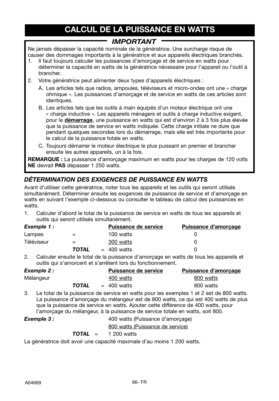 Calcul de la puissance en watts, Important | DeVillbiss Air Power Company PowerBack GM1000 User Manual | Page 66 / 72