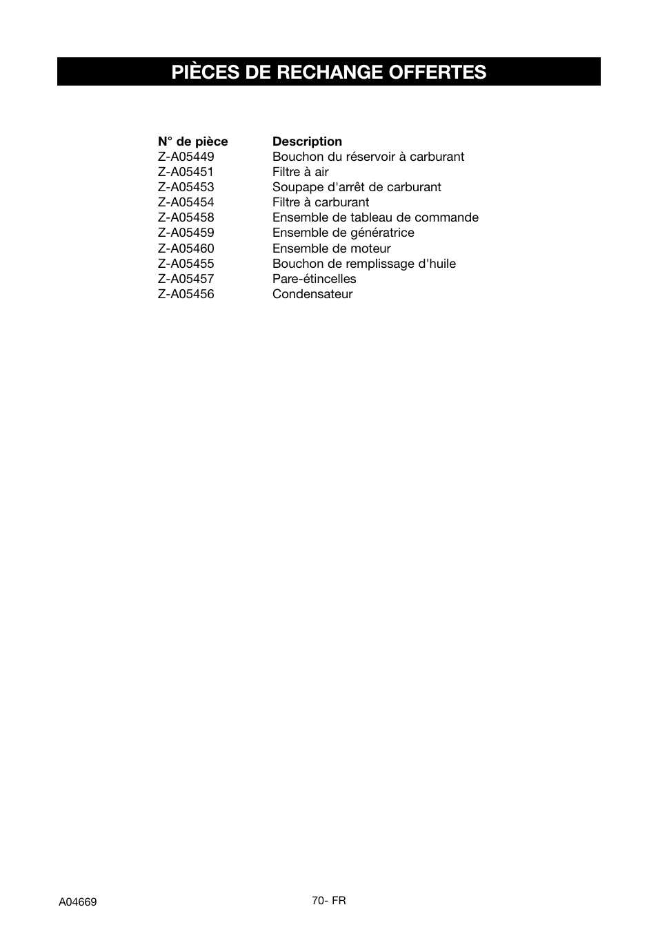 Pièces de rechange offertes | DeVillbiss Air Power Company PowerBack GM1000 User Manual | Page 70 / 72
