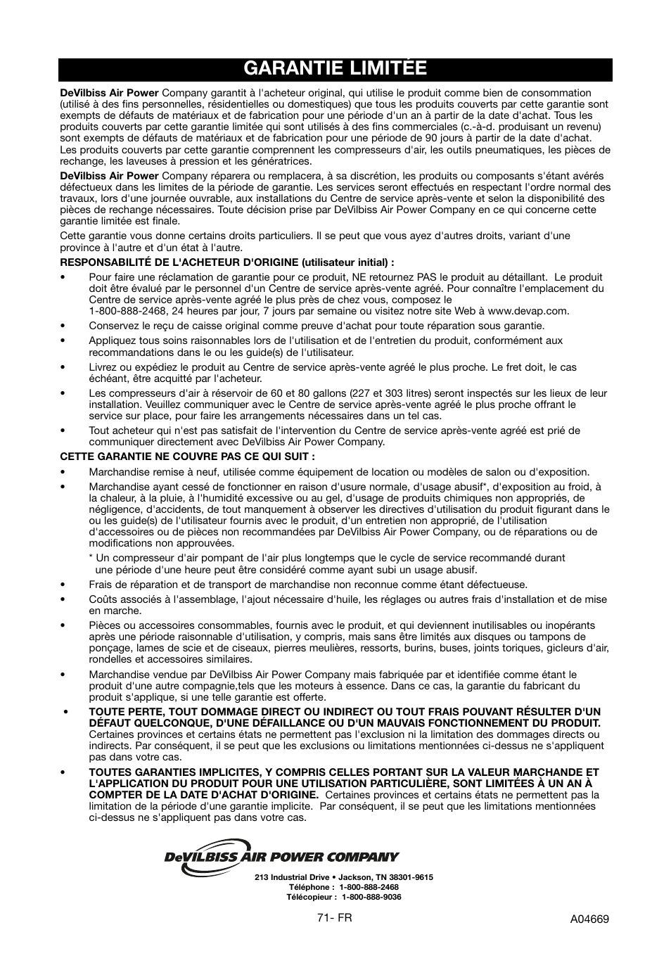 Garantie limitée | DeVillbiss Air Power Company PowerBack GM1000 User Manual | Page 71 / 72