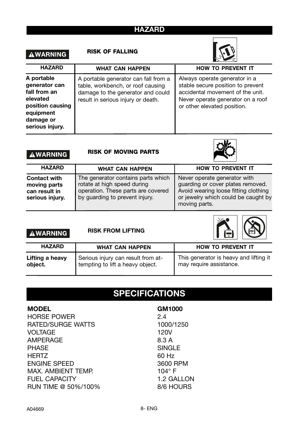 Specifications, Hazard | DeVillbiss Air Power Company PowerBack GM1000 User Manual | Page 8 / 72